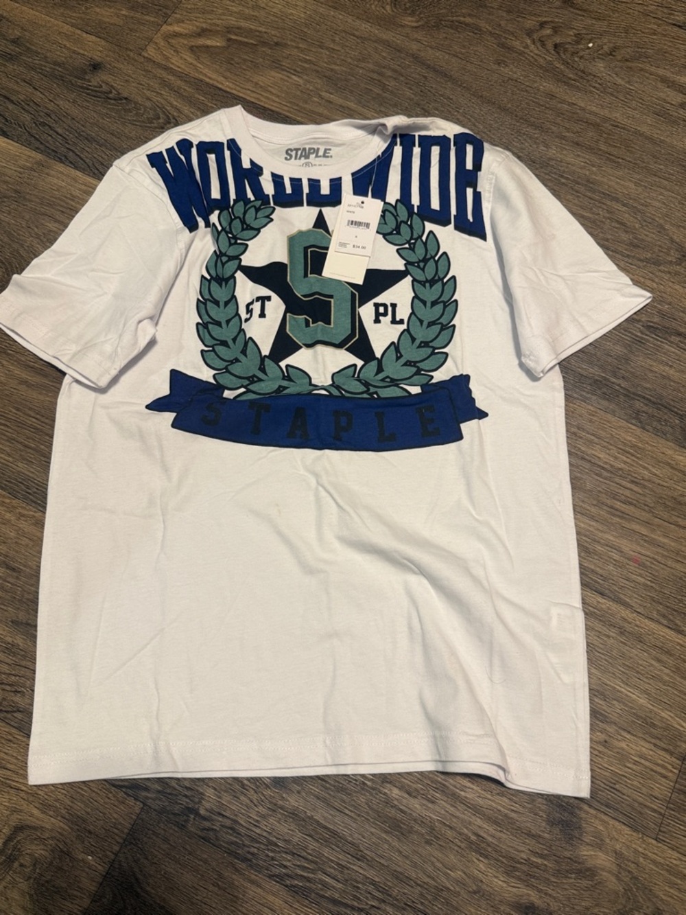 Staple White Short Sleeve Tee with Blue & Teal Crest Graphic